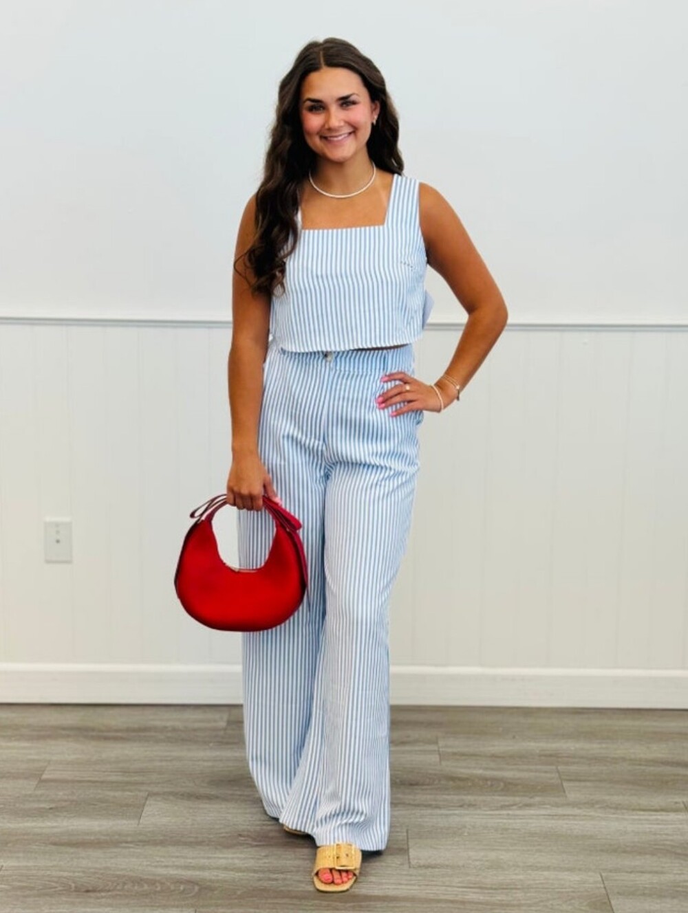 Blue White Striped Pant Set Wide Leg Crop Top Coastal- NWOT- Medium